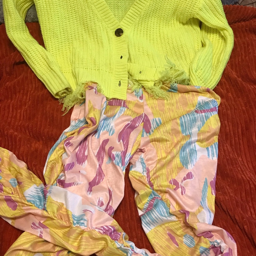 Vibrant Yellow Cardigan and Colorful Pants Set
